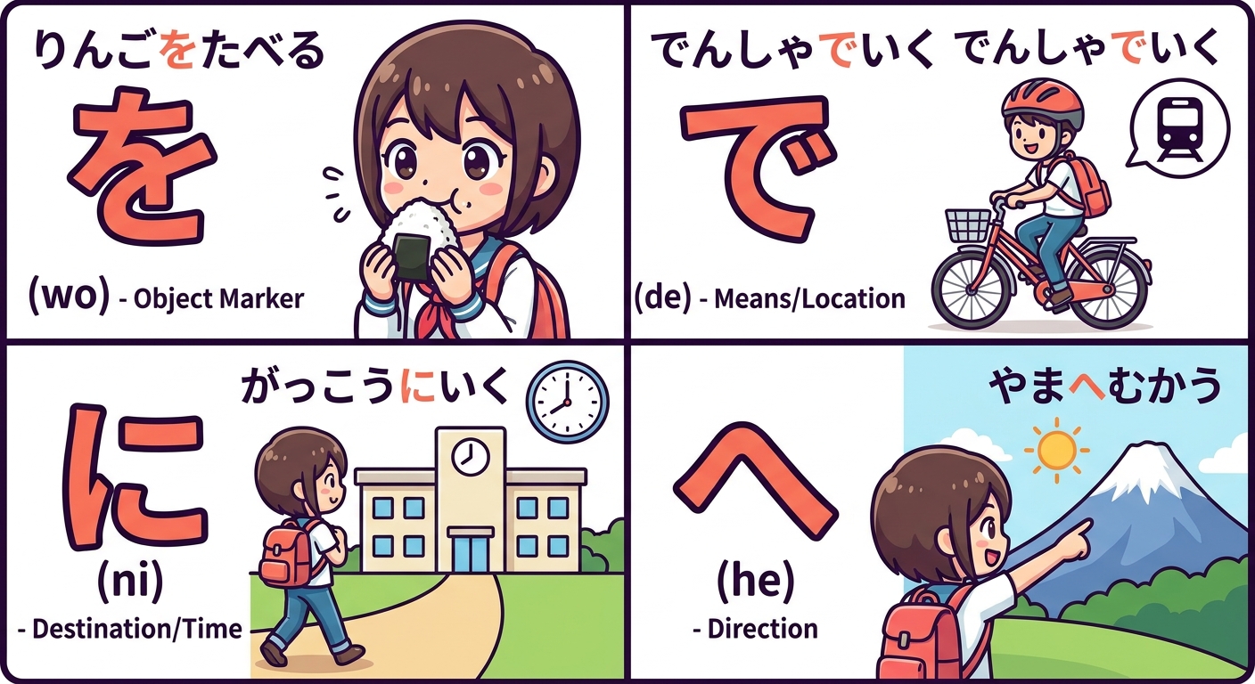 を / で / に / へ