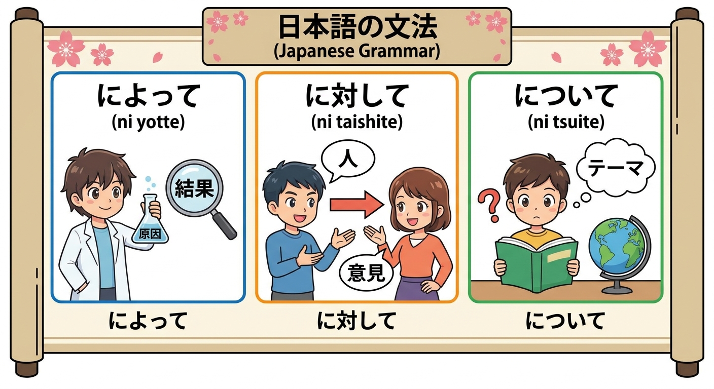 によって / に対して / について